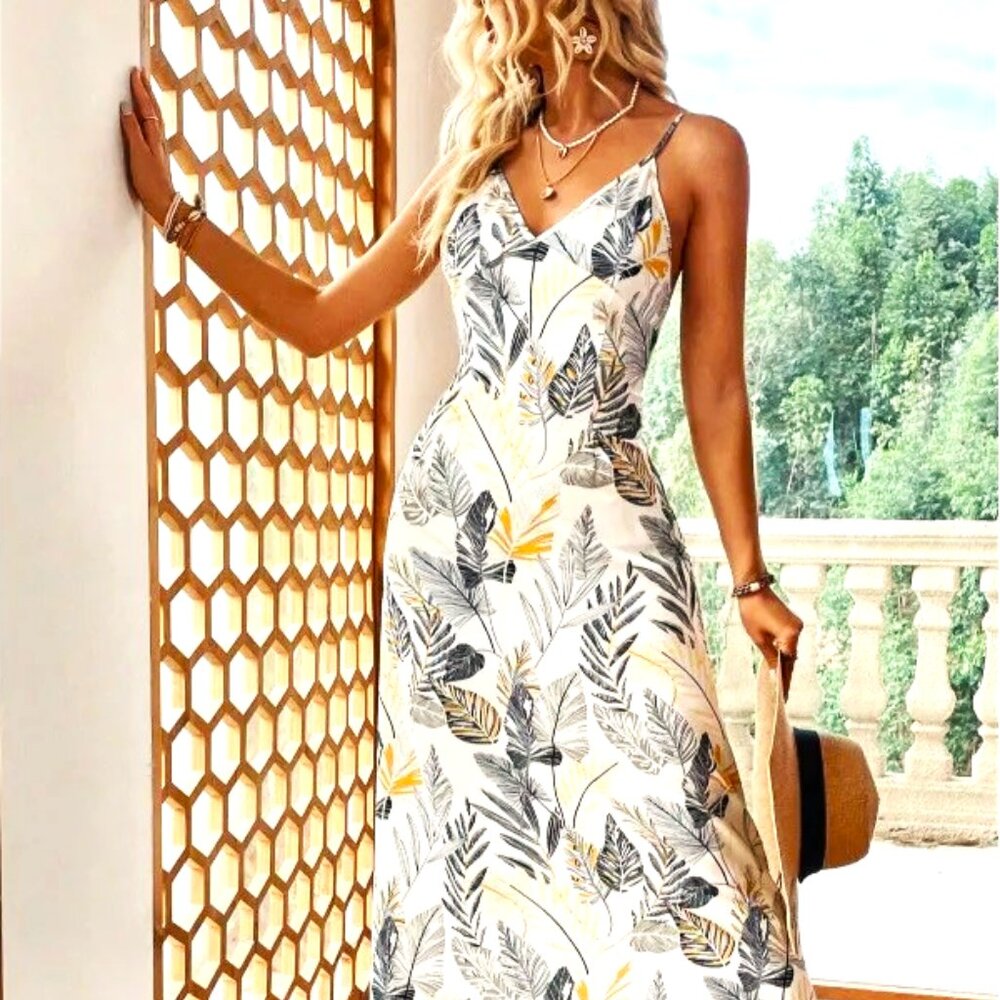 NARROW STRAP HIGH LOW CINCHED AT WAIST FOREST PRINT MIDI DRESS IN GREENS & BROWN